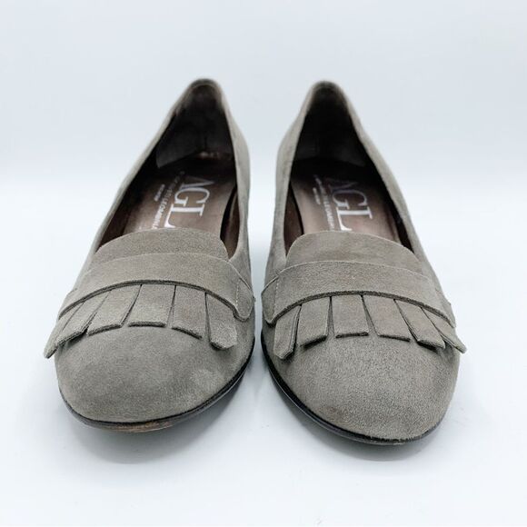 AGL • Gray Suede Heeled Kilty Fringed Loafers - Picture 3 of 13